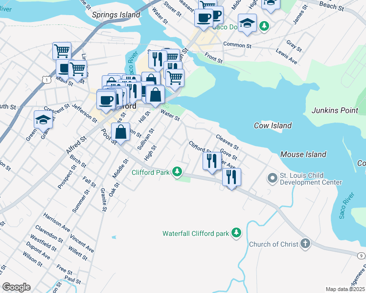 map of restaurants, bars, coffee shops, grocery stores, and more near 4 Tibbetts Avenue in Biddeford