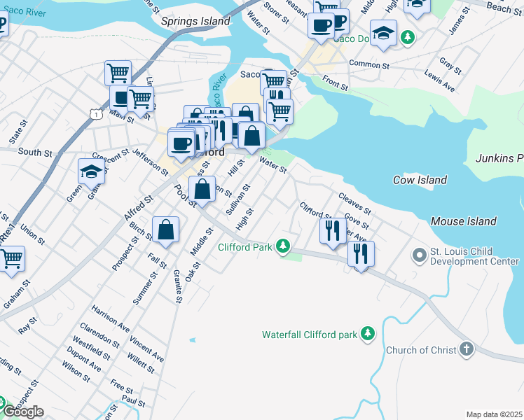 map of restaurants, bars, coffee shops, grocery stores, and more near 17 Bristol Street in Biddeford