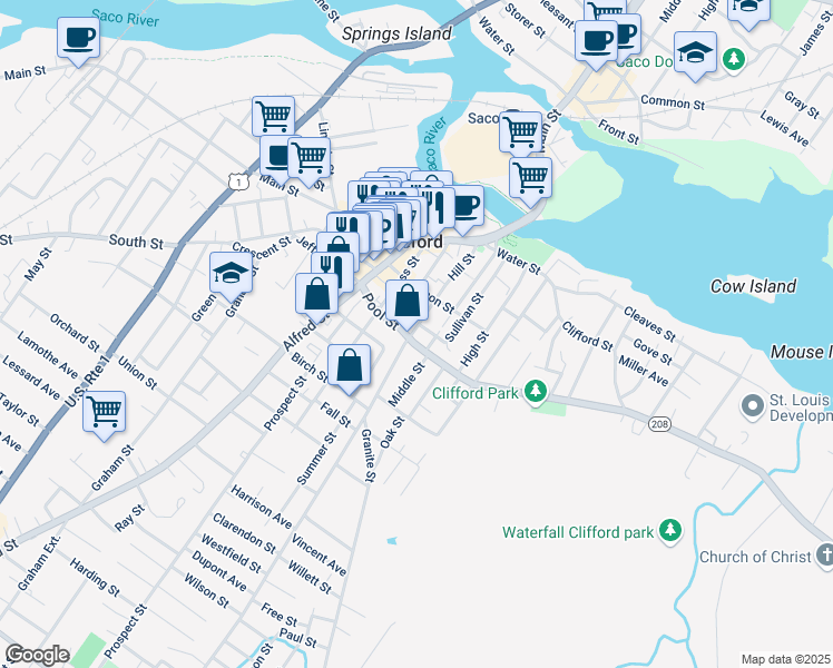 map of restaurants, bars, coffee shops, grocery stores, and more near 89 Hill Street in Biddeford