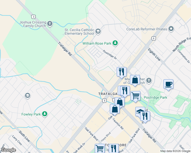 map of restaurants, bars, coffee shops, grocery stores, and more near 3071 Trafalgar Road in Oakville