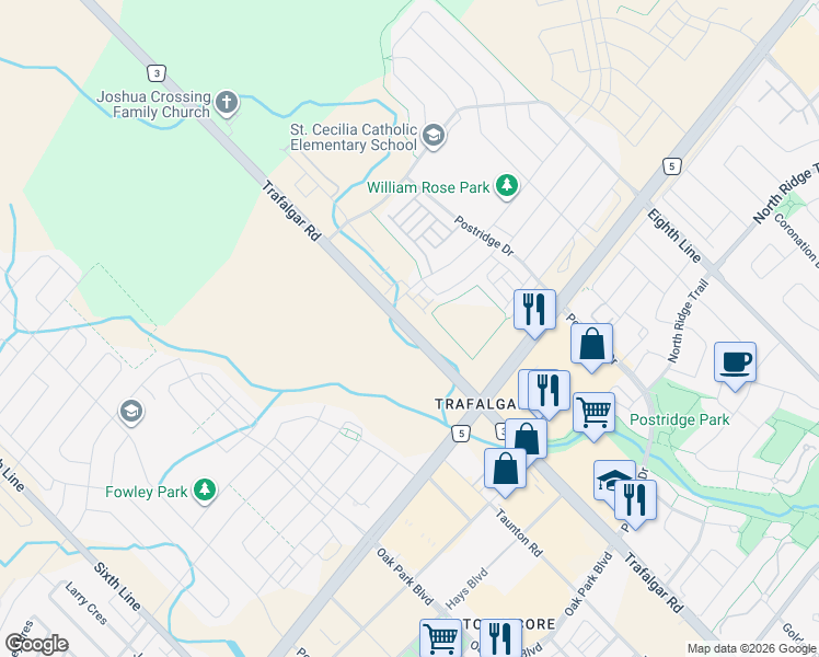 map of restaurants, bars, coffee shops, grocery stores, and more near 3133 Trafalgar Road in Oakville