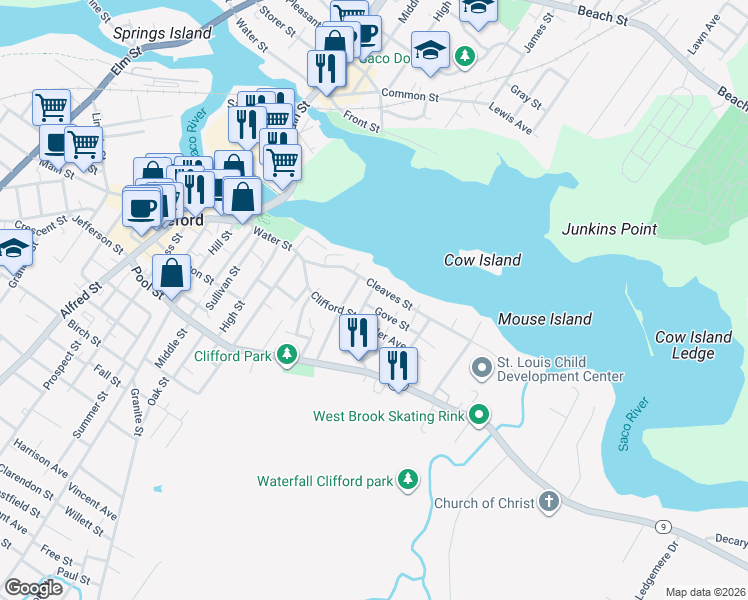 map of restaurants, bars, coffee shops, grocery stores, and more near 8 Gove Street in Biddeford