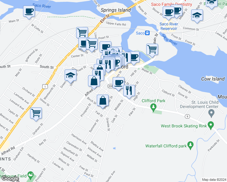 map of restaurants, bars, coffee shops, grocery stores, and more near 89 Hill Street in Biddeford