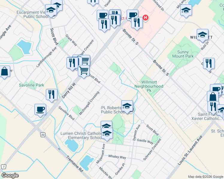 map of restaurants, bars, coffee shops, grocery stores, and more near 728 Scott Boulevard in Milton