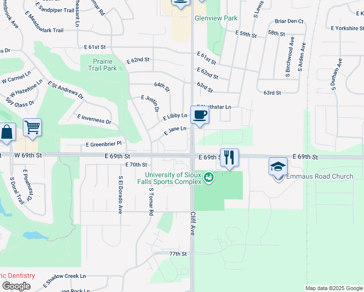 map of restaurants, bars, coffee shops, grocery stores, and more near 7121 South Cliff Avenue in Sioux Falls