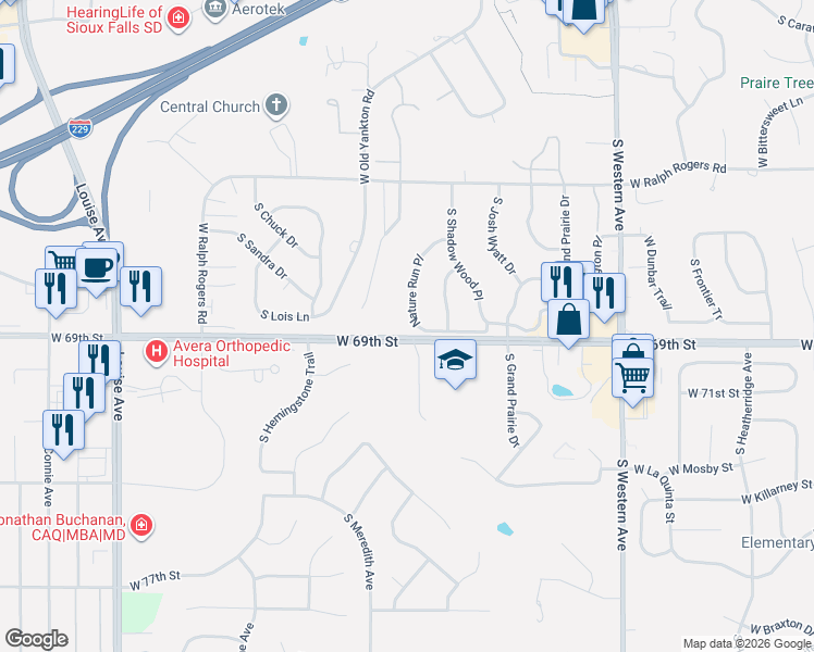 map of restaurants, bars, coffee shops, grocery stores, and more near W 69th St in Sioux Falls