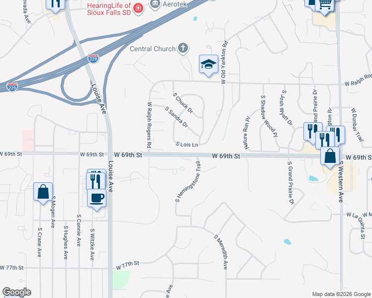 map of restaurants, bars, coffee shops, grocery stores, and more near 3100 West 69th Street in Sioux Falls