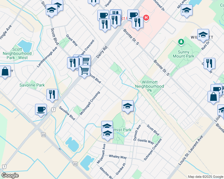 map of restaurants, bars, coffee shops, grocery stores, and more near 721 Scott Boulevard in Milton