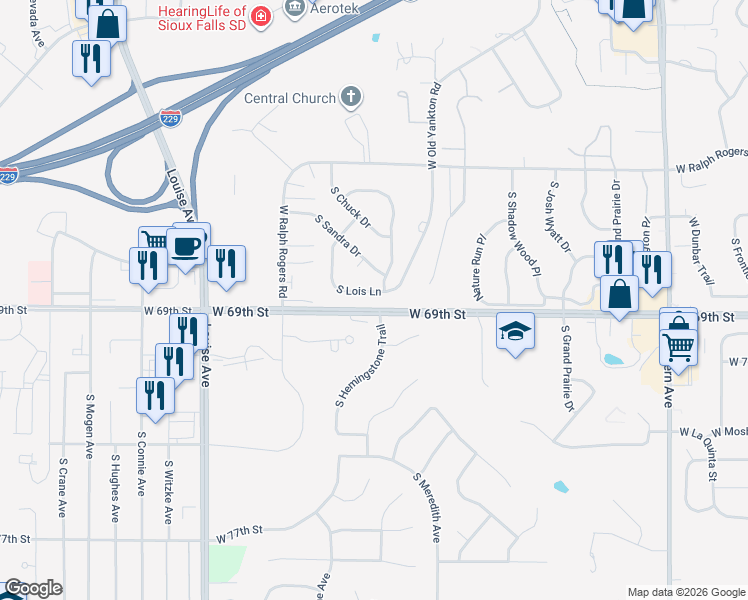 map of restaurants, bars, coffee shops, grocery stores, and more near 3100 West 69th Street in Sioux Falls