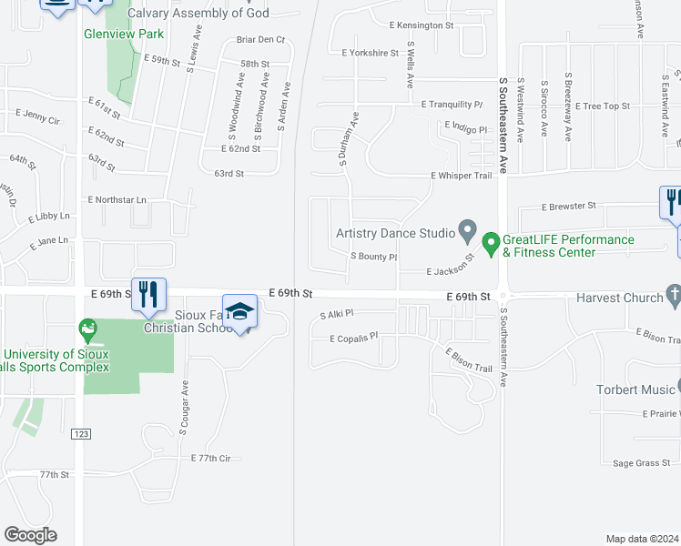 map of restaurants, bars, coffee shops, grocery stores, and more near 2502 Meadowside Place in Sioux Falls