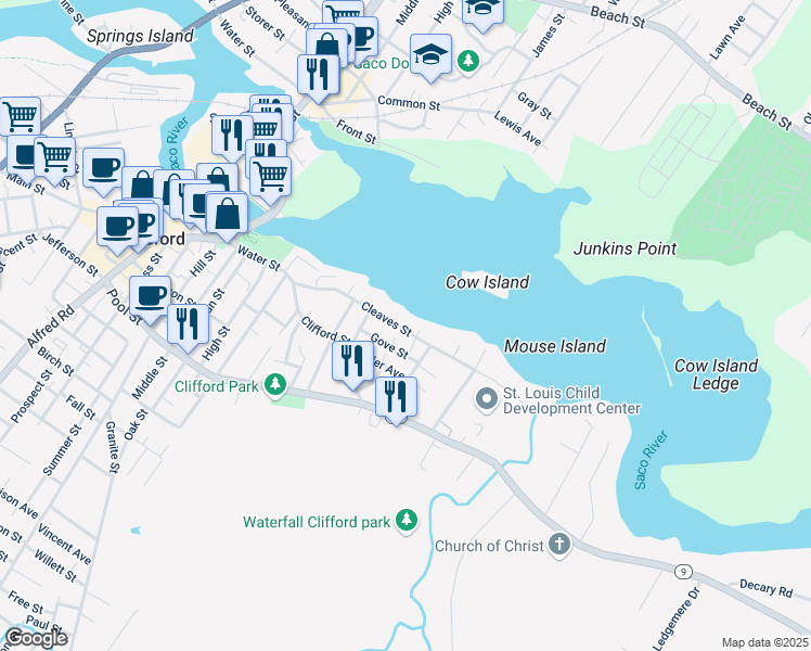 map of restaurants, bars, coffee shops, grocery stores, and more near 153 Cleaves Street in Biddeford