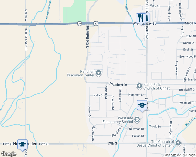 map of restaurants, bars, coffee shops, grocery stores, and more near 2998 Pancheri Drive in Idaho Falls