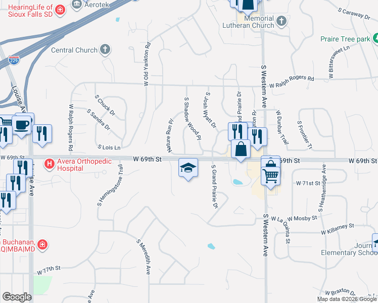 map of restaurants, bars, coffee shops, grocery stores, and more near W 69th St in Sioux Falls