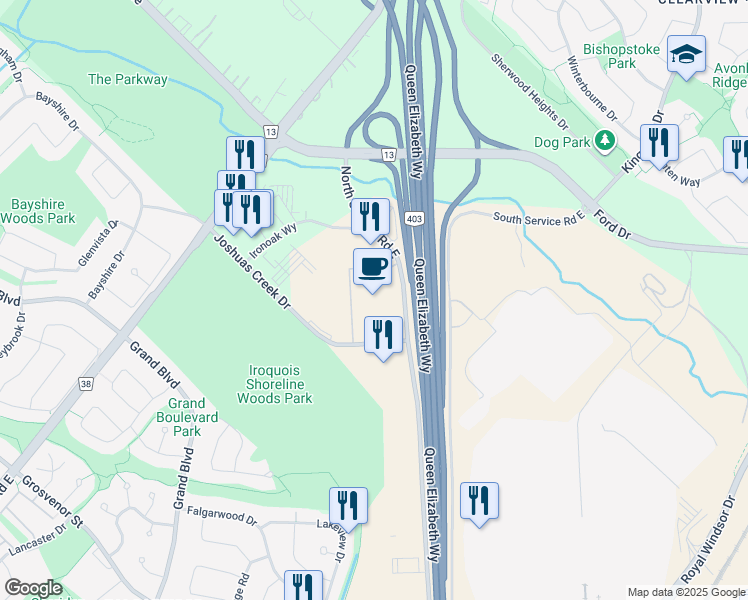 map of restaurants, bars, coffee shops, grocery stores, and more near 1595 North Service Road East in Oakville