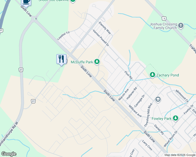 map of restaurants, bars, coffee shops, grocery stores, and more near 3423 Sixth Line in Oakville