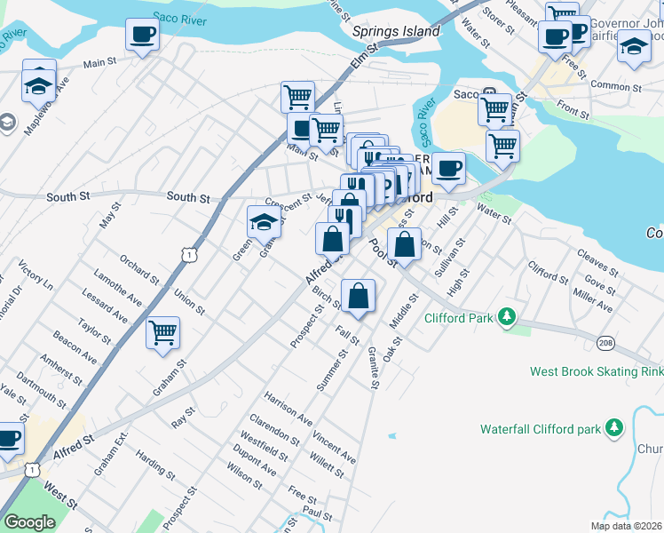 map of restaurants, bars, coffee shops, grocery stores, and more near 12 Mount Vernon Street in Biddeford