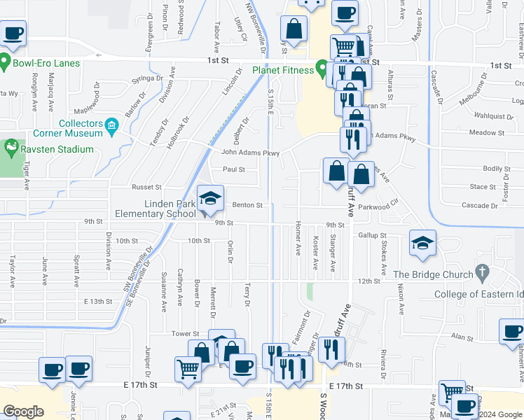 map of restaurants, bars, coffee shops, grocery stores, and more near 1486 Benton Street in Idaho Falls