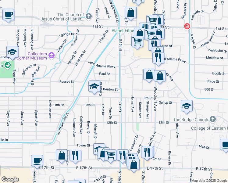 map of restaurants, bars, coffee shops, grocery stores, and more near 901 Terry Drive in Idaho Falls