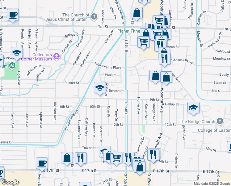 map of restaurants, bars, coffee shops, grocery stores, and more near 901 Terry Drive in Idaho Falls