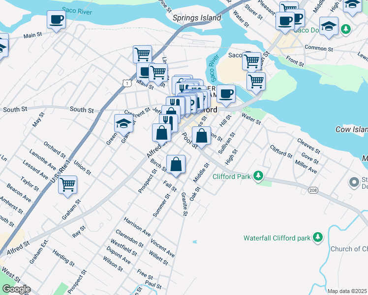 map of restaurants, bars, coffee shops, grocery stores, and more near 31 Mount Vernon Street in Biddeford