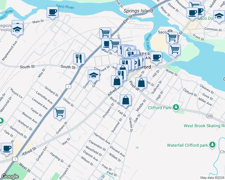 map of restaurants, bars, coffee shops, grocery stores, and more near in Biddeford