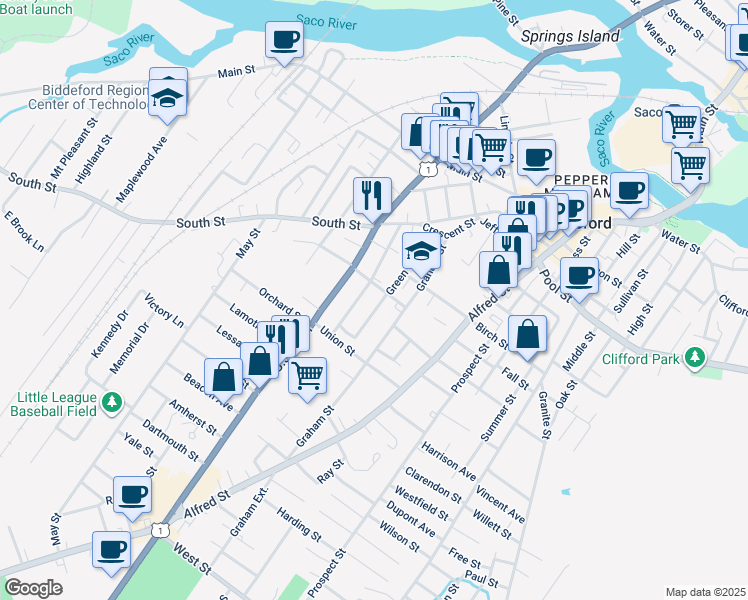 map of restaurants, bars, coffee shops, grocery stores, and more near 98 Green Street in Biddeford