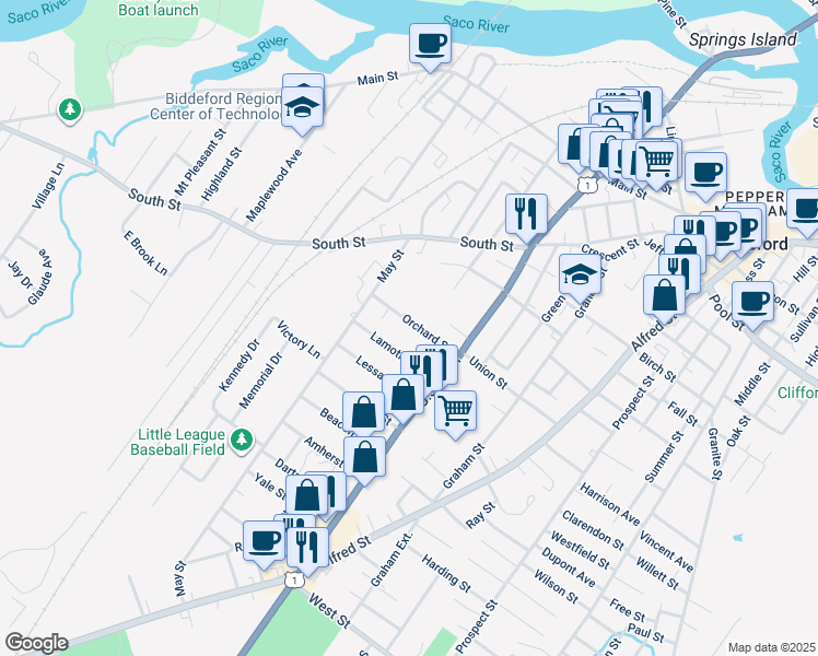 map of restaurants, bars, coffee shops, grocery stores, and more near 16 Lamothe Avenue in Biddeford