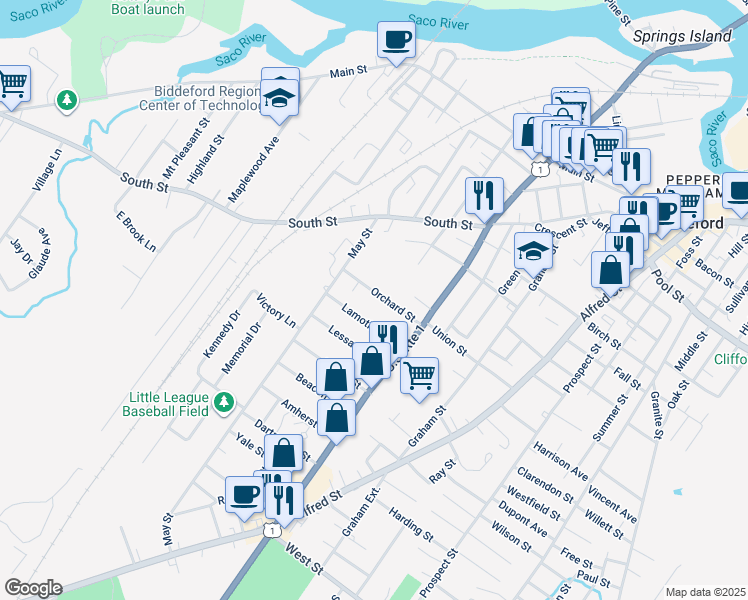 map of restaurants, bars, coffee shops, grocery stores, and more near 16 Lamothe Avenue in Biddeford