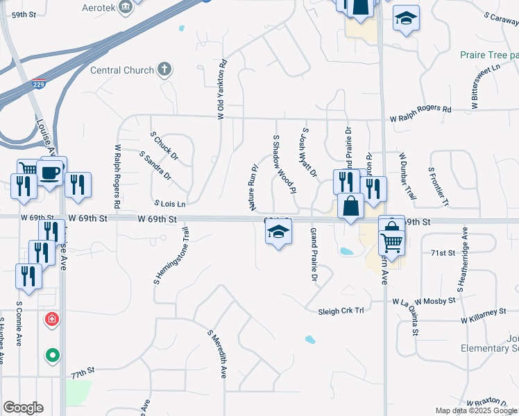 map of restaurants, bars, coffee shops, grocery stores, and more near W 69th St in Sioux Falls