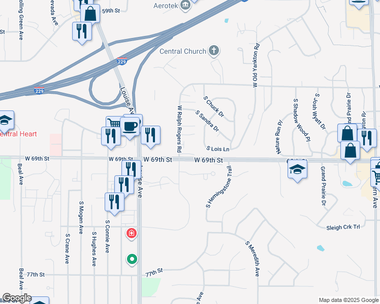 map of restaurants, bars, coffee shops, grocery stores, and more near 3300 West 69th Street in Sioux Falls