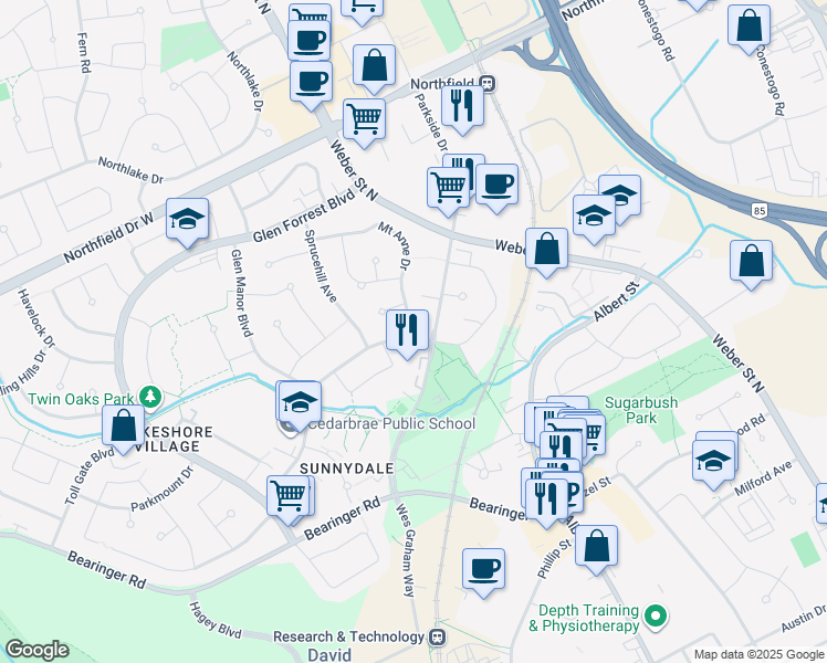 map of restaurants, bars, coffee shops, grocery stores, and more near 548 Mount Anne Drive in Waterloo