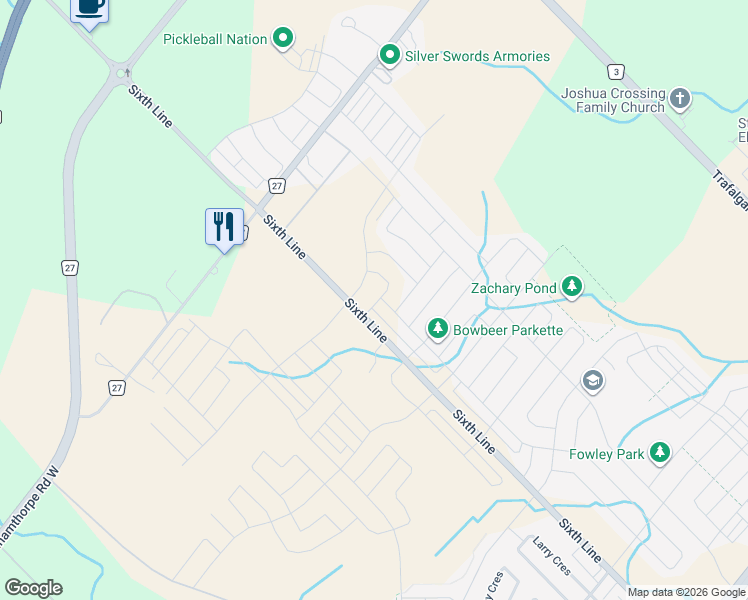 map of restaurants, bars, coffee shops, grocery stores, and more near 19 William Crawley Way in Oakville