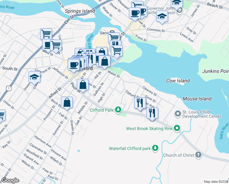 map of restaurants, bars, coffee shops, grocery stores, and more near 17 Bristol Street in Biddeford