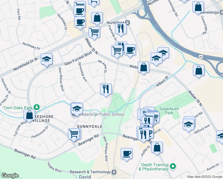 map of restaurants, bars, coffee shops, grocery stores, and more near 515 Parkside Drive in Waterloo