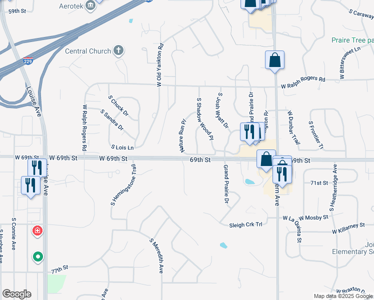map of restaurants, bars, coffee shops, grocery stores, and more near W 69th St in Sioux Falls