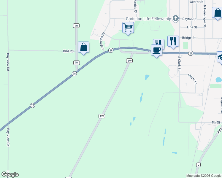 map of restaurants, bars, coffee shops, grocery stores, and more near N8189 County Road TW in Mayville