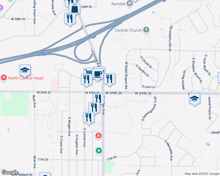 map of restaurants, bars, coffee shops, grocery stores, and more near 3300 West 69th Street in Sioux Falls