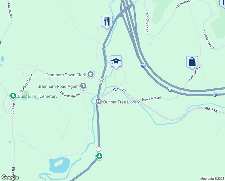 map of restaurants, bars, coffee shops, grocery stores, and more near New Hampshire 114 in Grantham