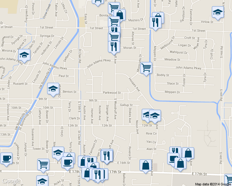 map of restaurants, bars, coffee shops, grocery stores, and more near 755 South Woodruff Avenue in Idaho Falls