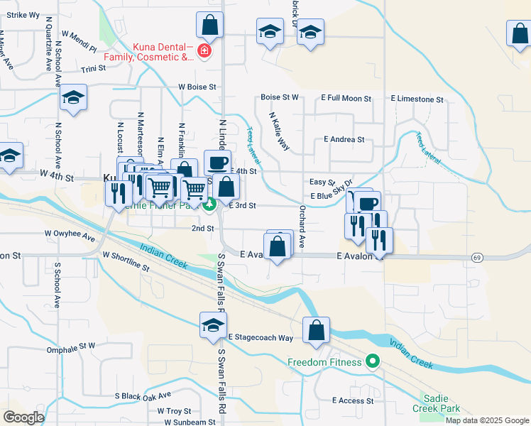 map of restaurants, bars, coffee shops, grocery stores, and more near 326 East 3rd Street in Kuna