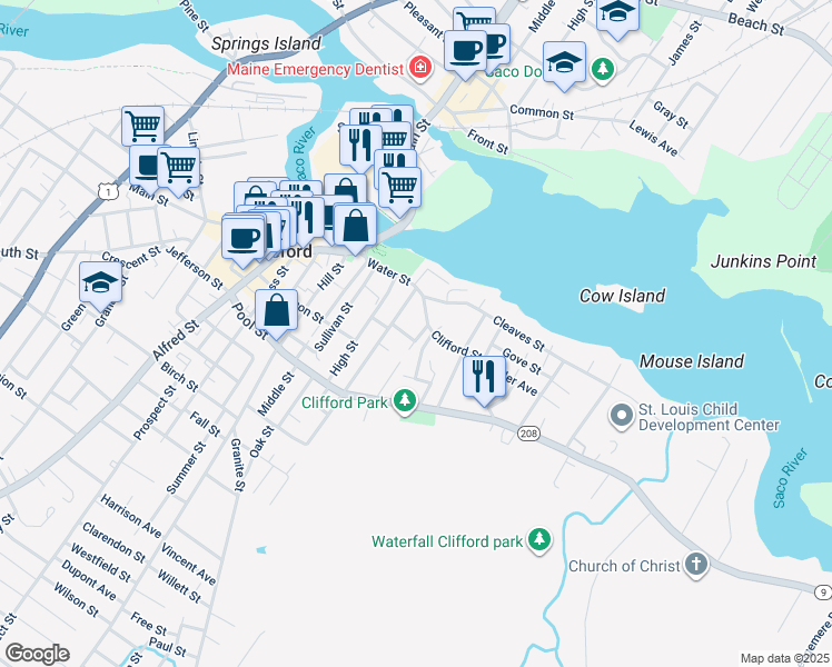 map of restaurants, bars, coffee shops, grocery stores, and more near 7 Clifford Street in Biddeford