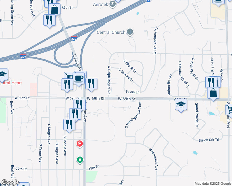 map of restaurants, bars, coffee shops, grocery stores, and more near 3601 West Ralph Rogers Road in Sioux Falls