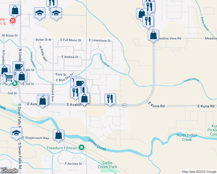 map of restaurants, bars, coffee shops, grocery stores, and more near 1097 East Folgado Street in Kuna