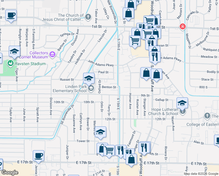 map of restaurants, bars, coffee shops, grocery stores, and more near 1444 Cambridge Drive in Idaho Falls