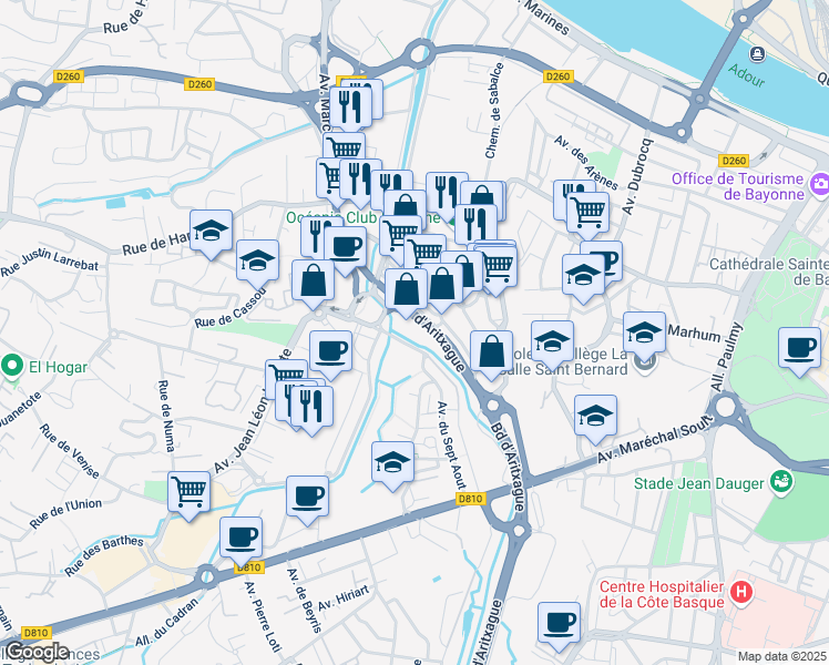 map of restaurants, bars, coffee shops, grocery stores, and more near 2 Avenue Roger Maylie in Bayonne