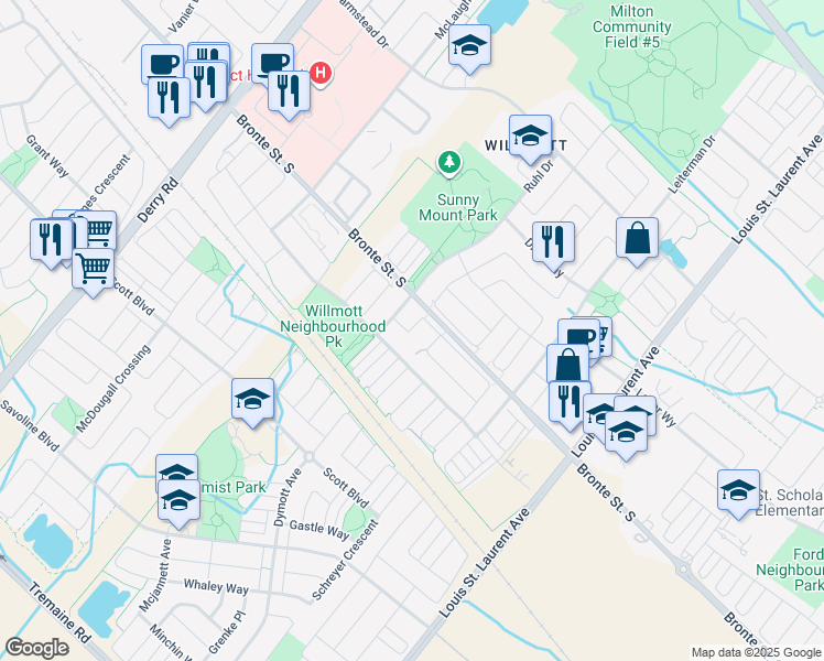 map of restaurants, bars, coffee shops, grocery stores, and more near Paupst Place in Milton