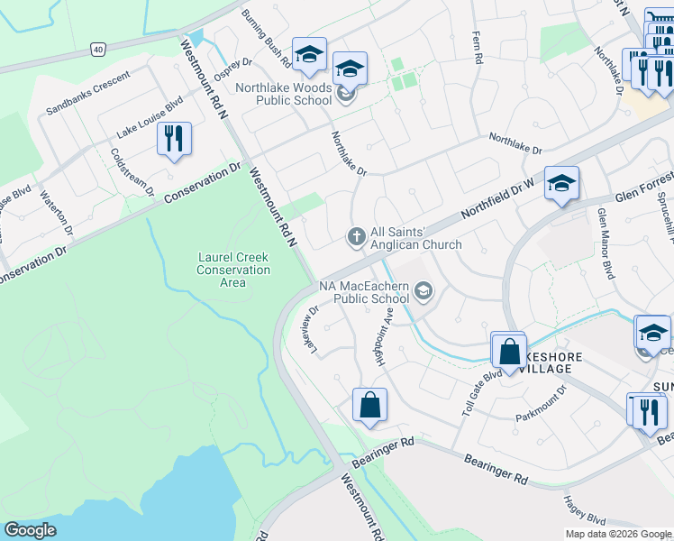 map of restaurants, bars, coffee shops, grocery stores, and more near 103 Cornerbrook Crescent in Waterloo