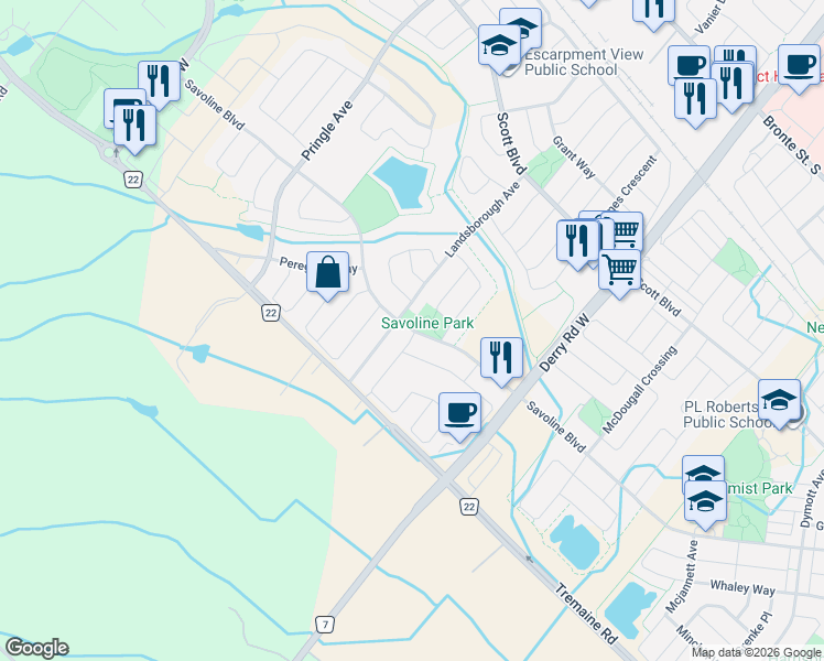 map of restaurants, bars, coffee shops, grocery stores, and more near Savoline Boulevard in Milton