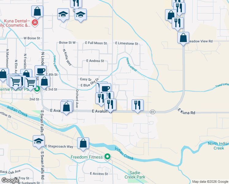 map of restaurants, bars, coffee shops, grocery stores, and more near 801 East Ensolarado Street in Kuna
