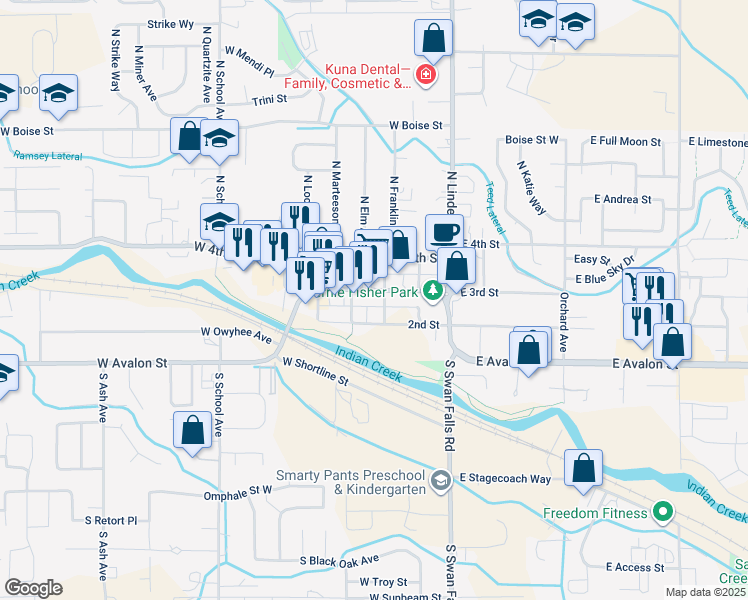 map of restaurants, bars, coffee shops, grocery stores, and more near 256 West Main Street in Kuna